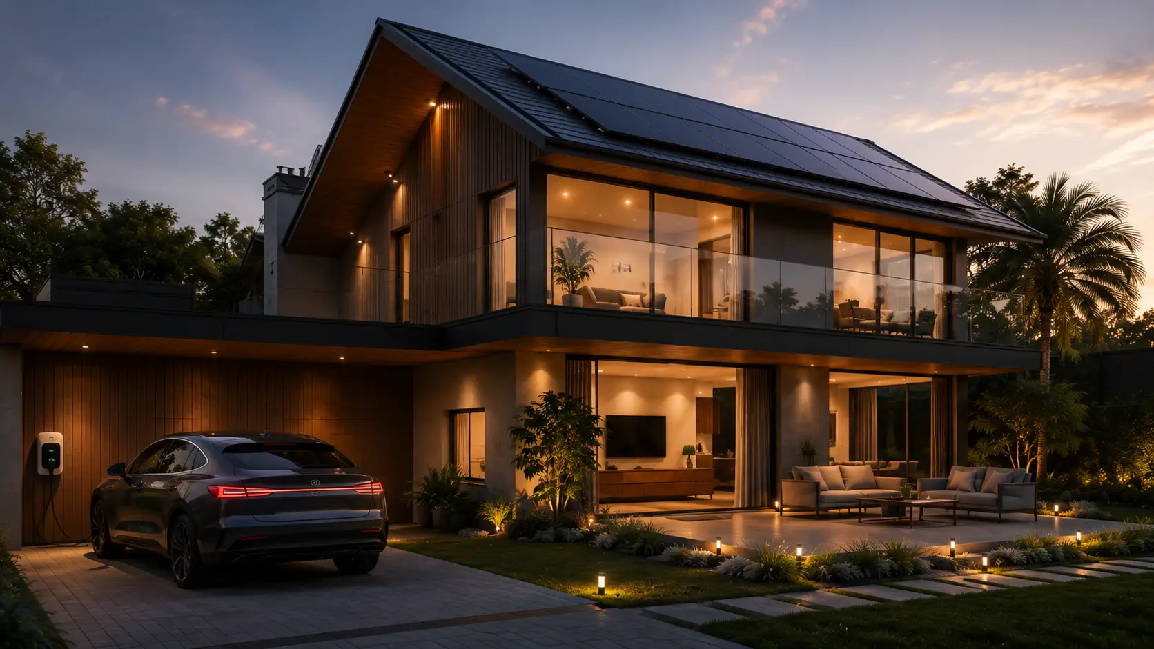 Casa contemporânea com energia solar, carregador veicular e entretenimento integrado