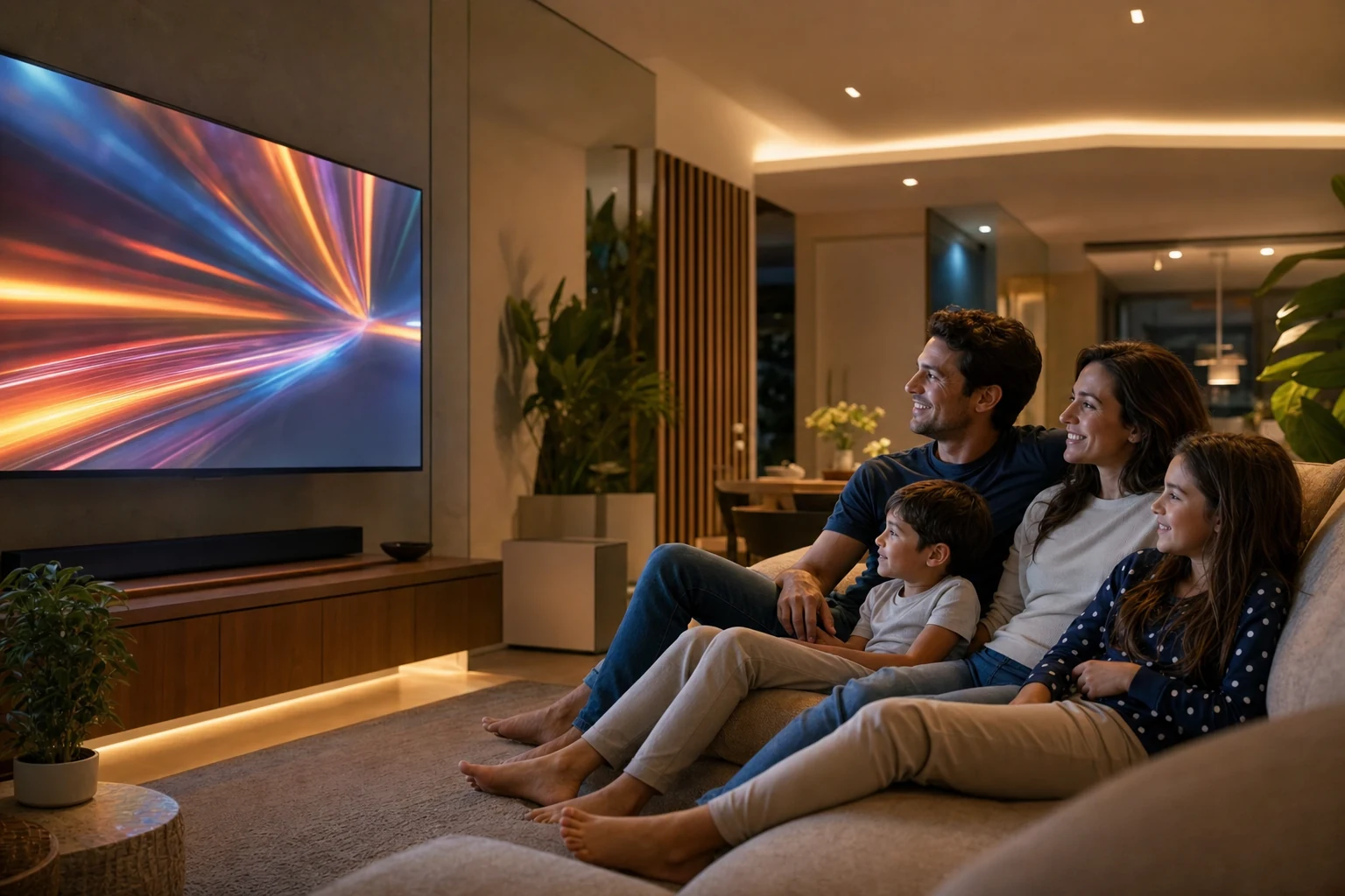 Família com crianças reunida assistindo televisão