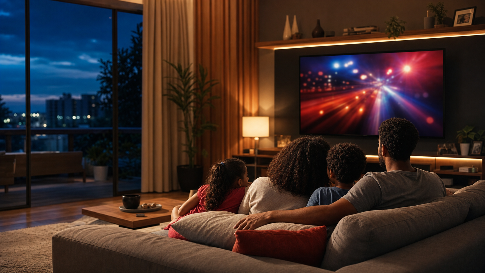 Família reunida assistindo à televisão em casa