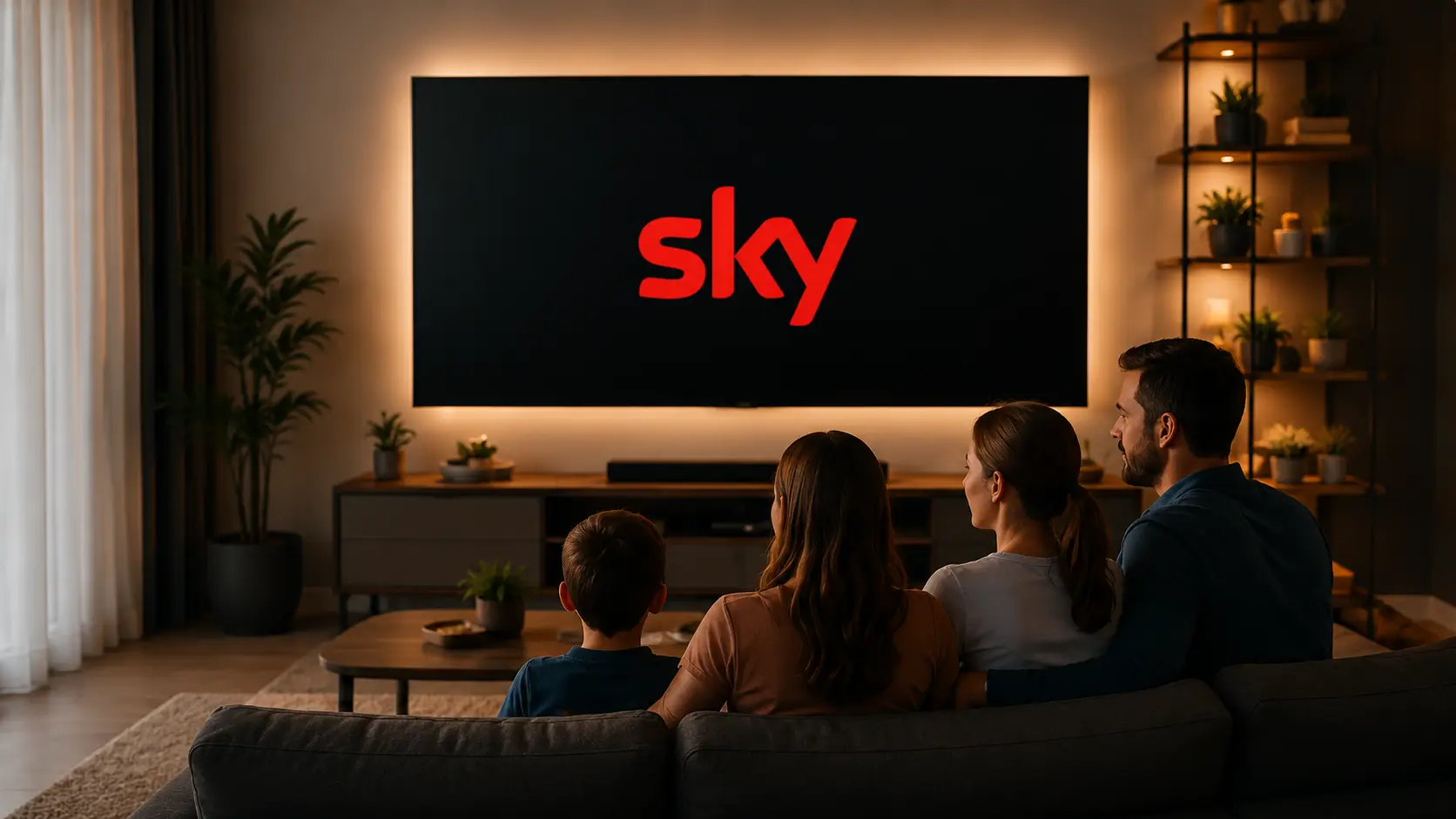 Família assistindo à programação SKY