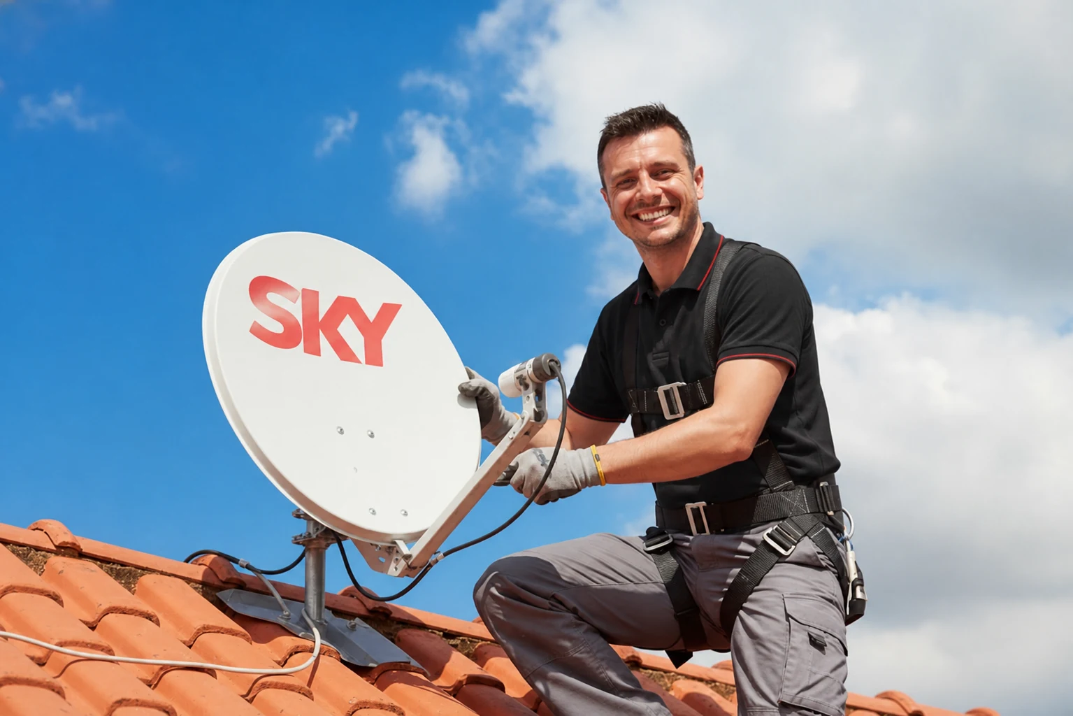 Técnico instalando uma antena SKY em uma residência